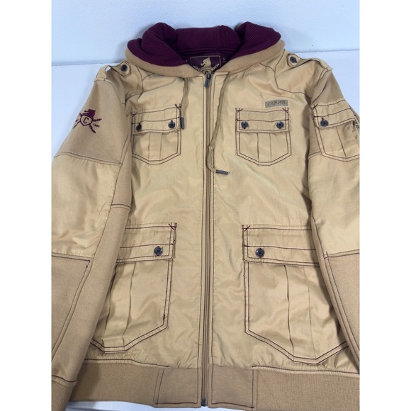 Coogi Hooded Utility Jacket Mens XL Tan Burgundy  Cargo Zip Streetwear Hip Hop - Picture 3 of 10